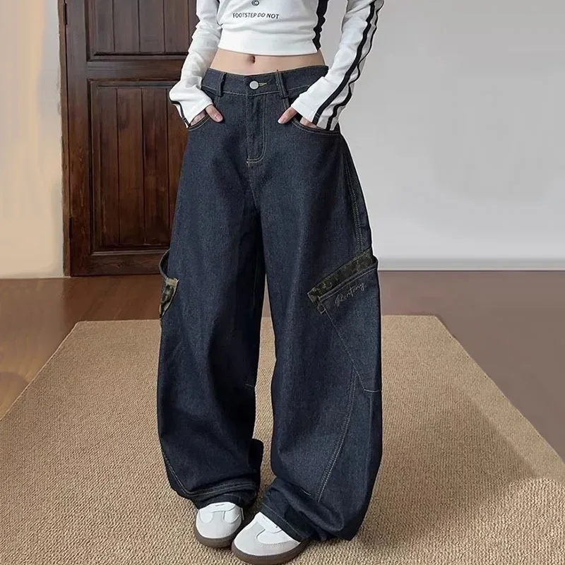 

Women Wide Leg Jeans Loose Straight Denim Pants Ladies Leopard Printed Patchwork Trousers Spring Autumn Female Retro Streetwear