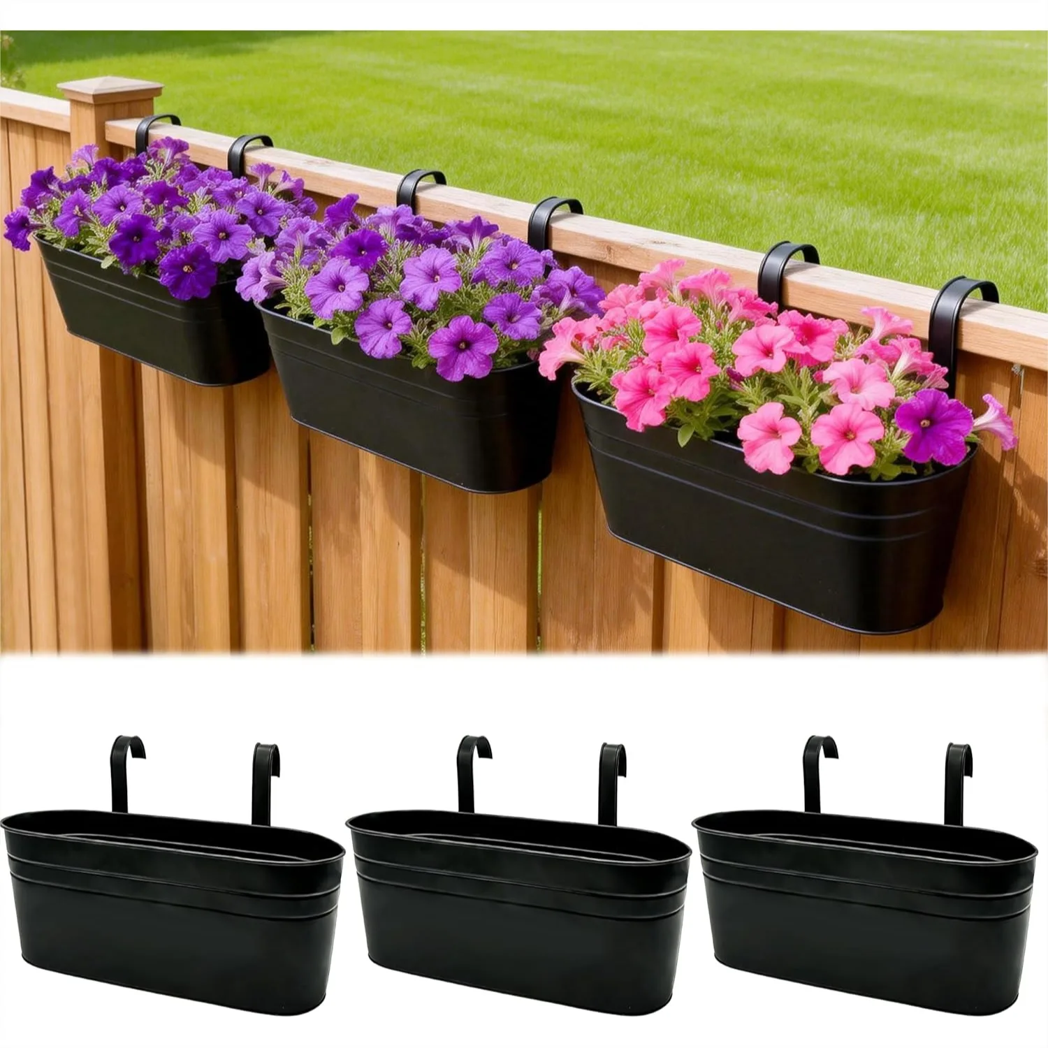 

Metal Railing Planter Boxes 16 Inch, 3-Pack Adjustable Hanging Flower Pots for Balcony, Deck & Fence