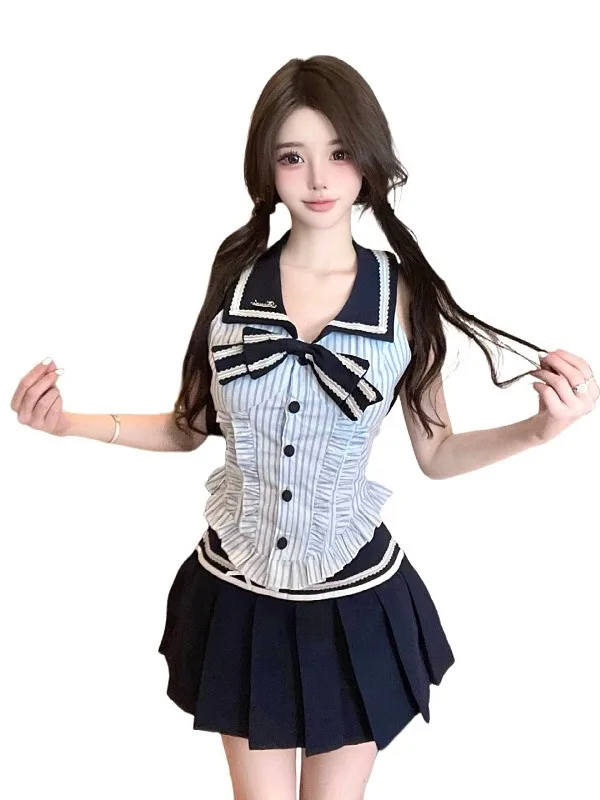 Pure Desire Conjunto de saia vintage com nó borboleta e tras sem ombros, sem mangas, para mulheres jovens, moda verão, mis...