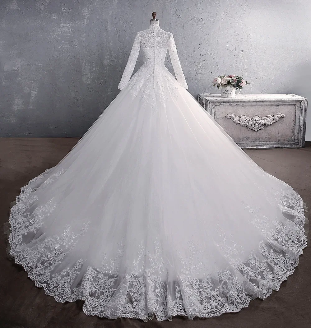 Luxury Long Sleeve Stand Collar Embroidered Lace Brides Wedding Dress 2025 Ball Gown Trailing Dresses For Women Formal Occasions