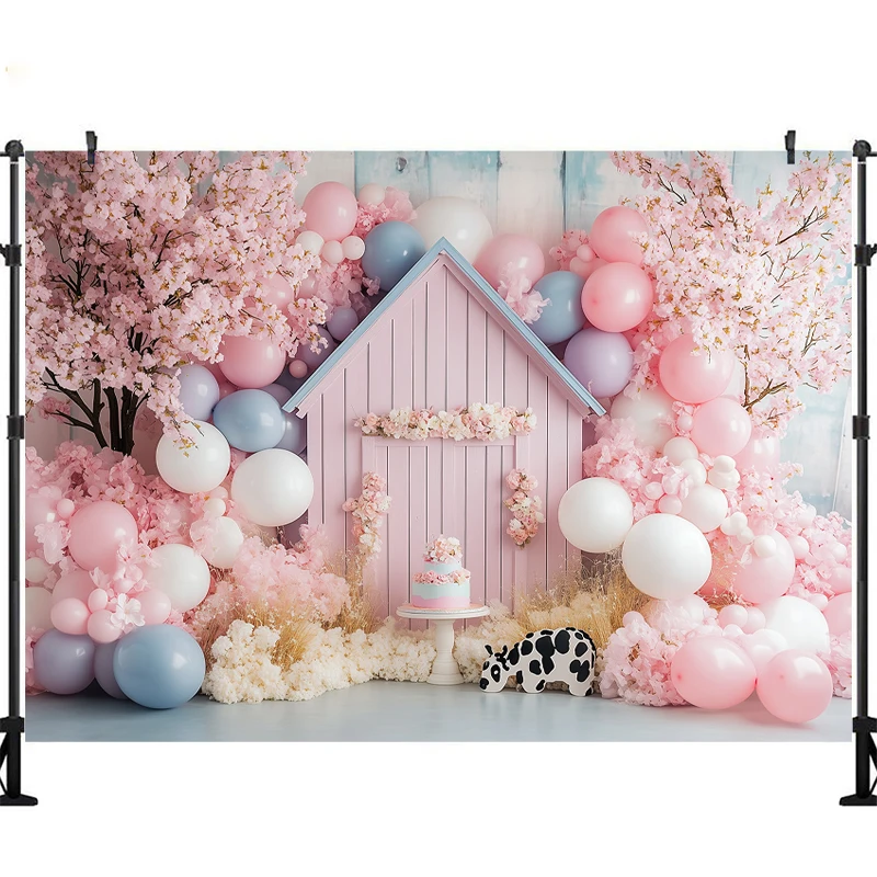 LS Photography Background Spring Pink Floral Farm Barn Cow Decor Cake Smash Baby Shower Kids Portrait Backdrop Photo Studio