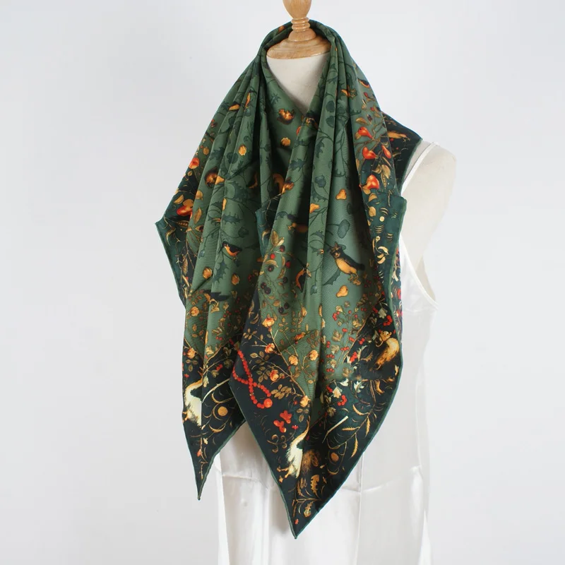 

Classic Print 100% Silk Scarf Neckerchief Dark Green Prints Womens Elegant Scarves Shawl 88x88CM