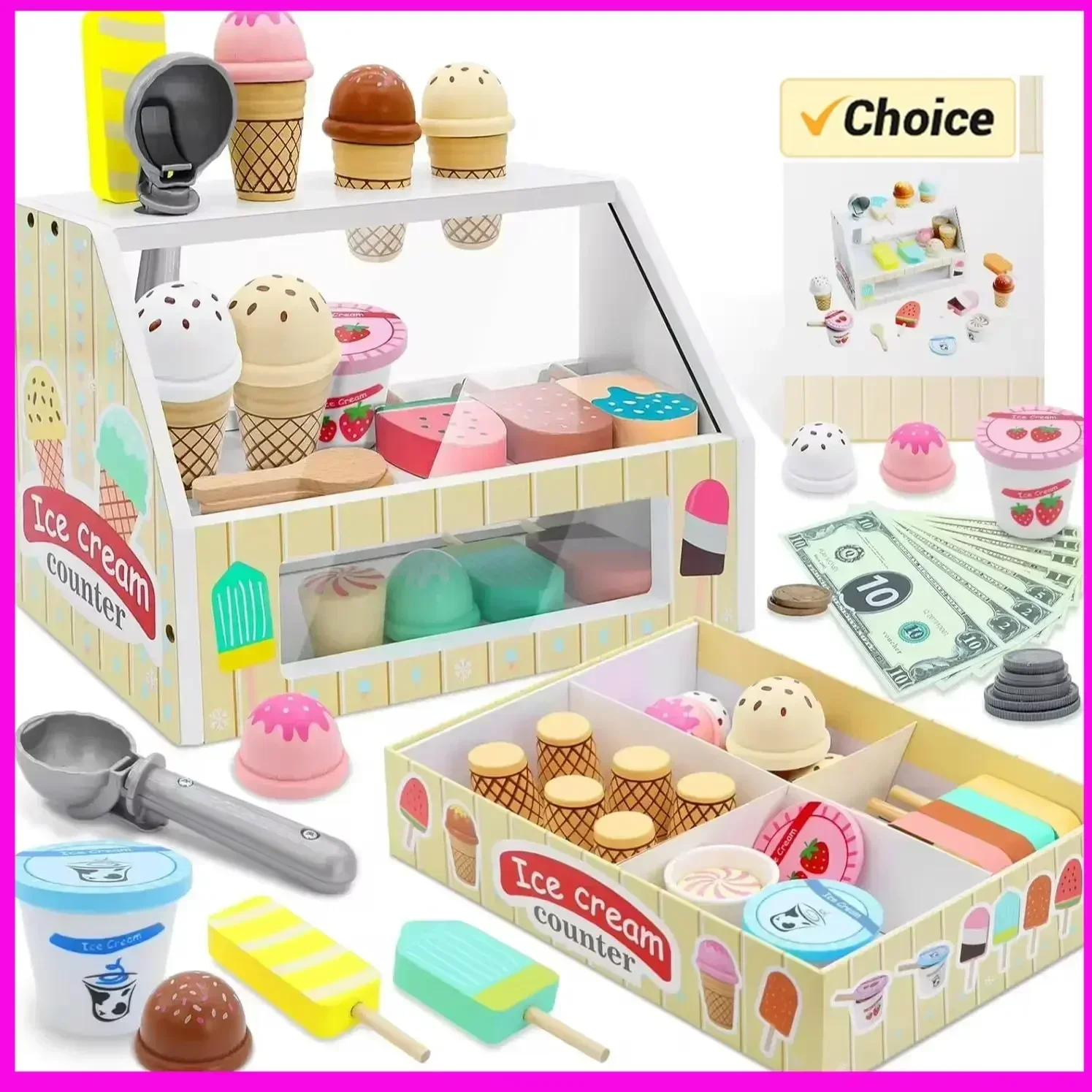 Ice Cream Counter Playset for Kids Montessori Pretend Play Food Toys Kitchen Accessories with Coin Role Play for Kids Girls Boys