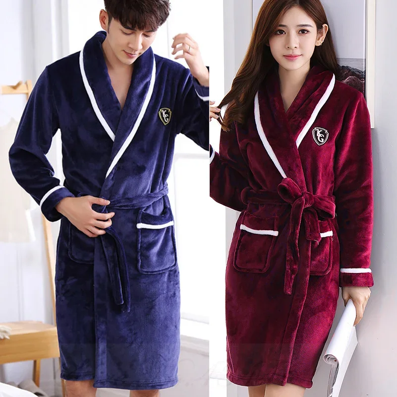 Thicken Warm Flannel Couple Robe Lounge Wear Winter Kimono Bathrobe Gown Women Sleepwear Homewear Loose Coral Fleece Nightwear