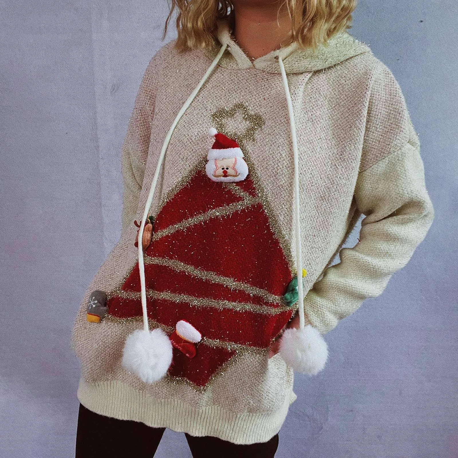 All-Match Christmas Tree Hooded Sweater For Women Popular Loose Ugly Christmas Sweater Chic Leisure Pullover Thick Knitwear