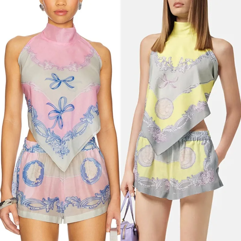 

Sexy Women Vacation Beach Shorts Set Y2K Tropical Backless Crop Top Loose Shorts 2 Piece Set Summer Celebrity Print Boho Outfits