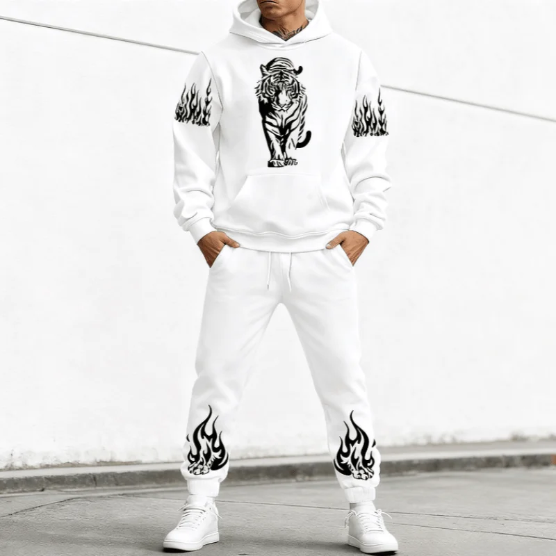 

Mens Fleece Hooded Sweatshirt Suit – Outdoor Leisure Fitness Set with Tiger Flame Print, Jogging Tops & Pants Sports Clothing