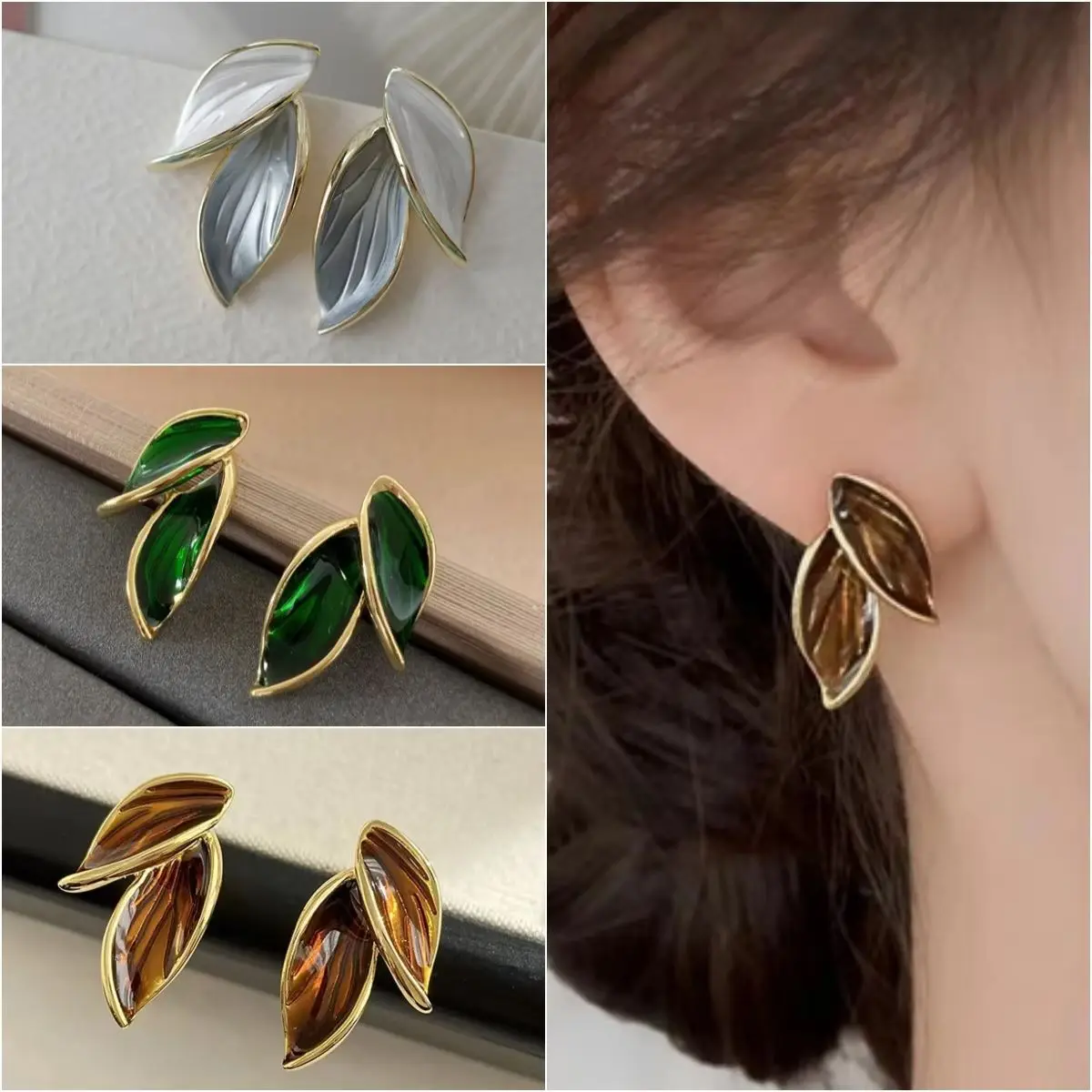Trendy Two Leaves Stud Earrings For Women Green Black Blue White Brown Plant Exquisite Metal Enamel Oil Earrings Elegant Jewelry