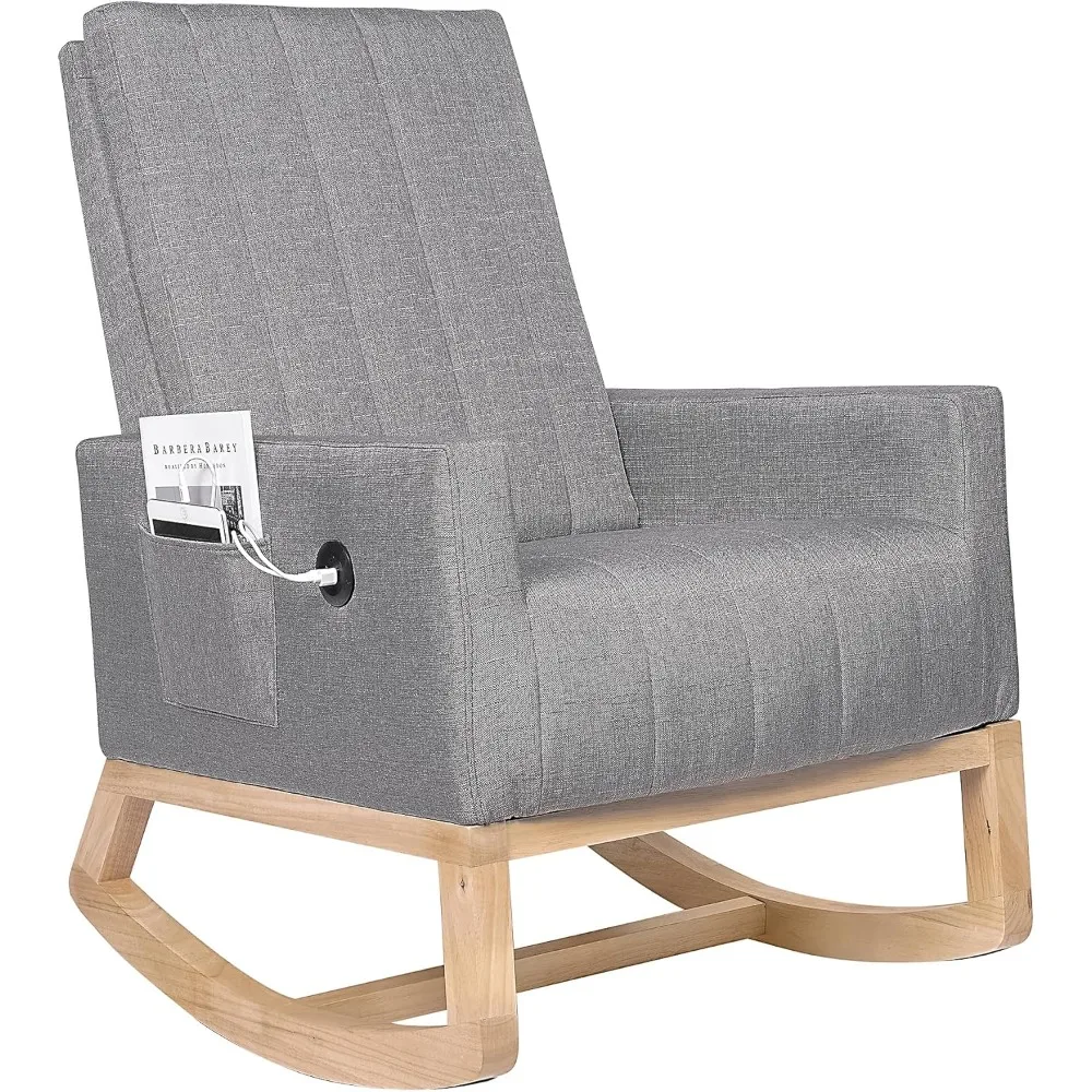 

Rocking Chair Nursery, Modern Upholstered Glider Rocker with USB Port and Side Pocket, High Backrest Padded Seat Accent Armchai