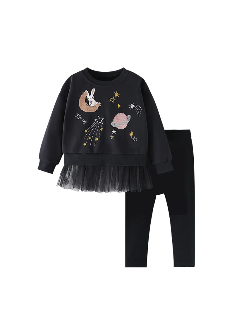 Kids Autumn Casual Suits Children Cute Print Tulle Hem Top+Pants Outfits Girls Winter Long Sleeve Pullover Trousers Sets  345