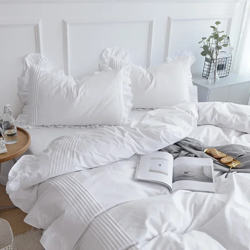 

Super Sale White Bedding Set Elegant Handmade Ruffle Duvet Cover Set Princess Queen Bed Set Home Bed Sheet Cotton Linen