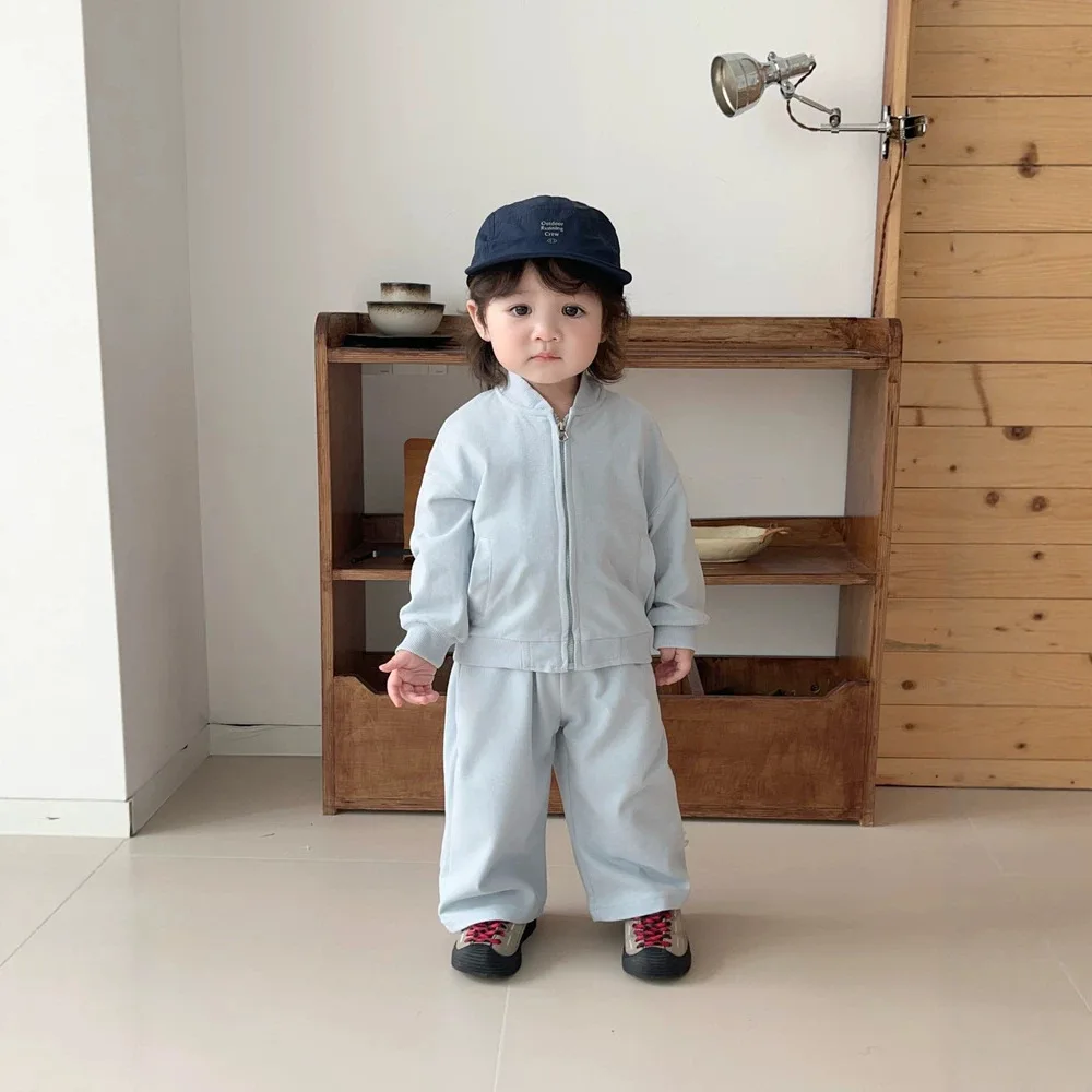 Korean Minimalist Solid Color Sports Set Baby Stand Collar Zipper Two-piece Set