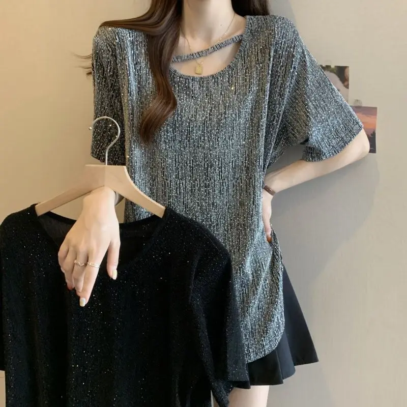 

Large Size Fashionable Slit Short-sleeved T-shirt for Women 2025 Summer New Loose Slim Top
