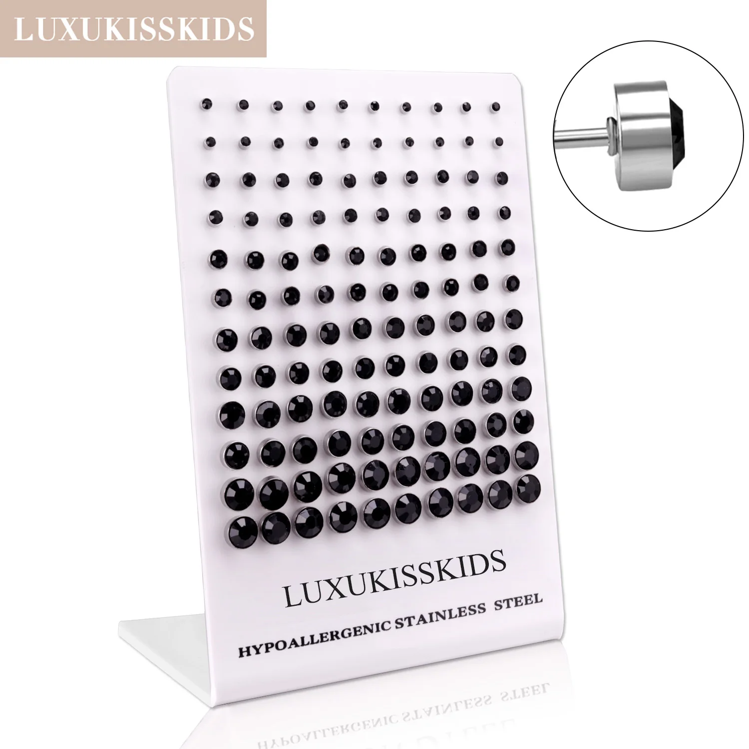 LUXUKISSKIDS Luxury 60paris/Lots AAA Cubic Zircon Stud Earrings Set Clearly Black Round Stone серьги Stainless Steel Accessories