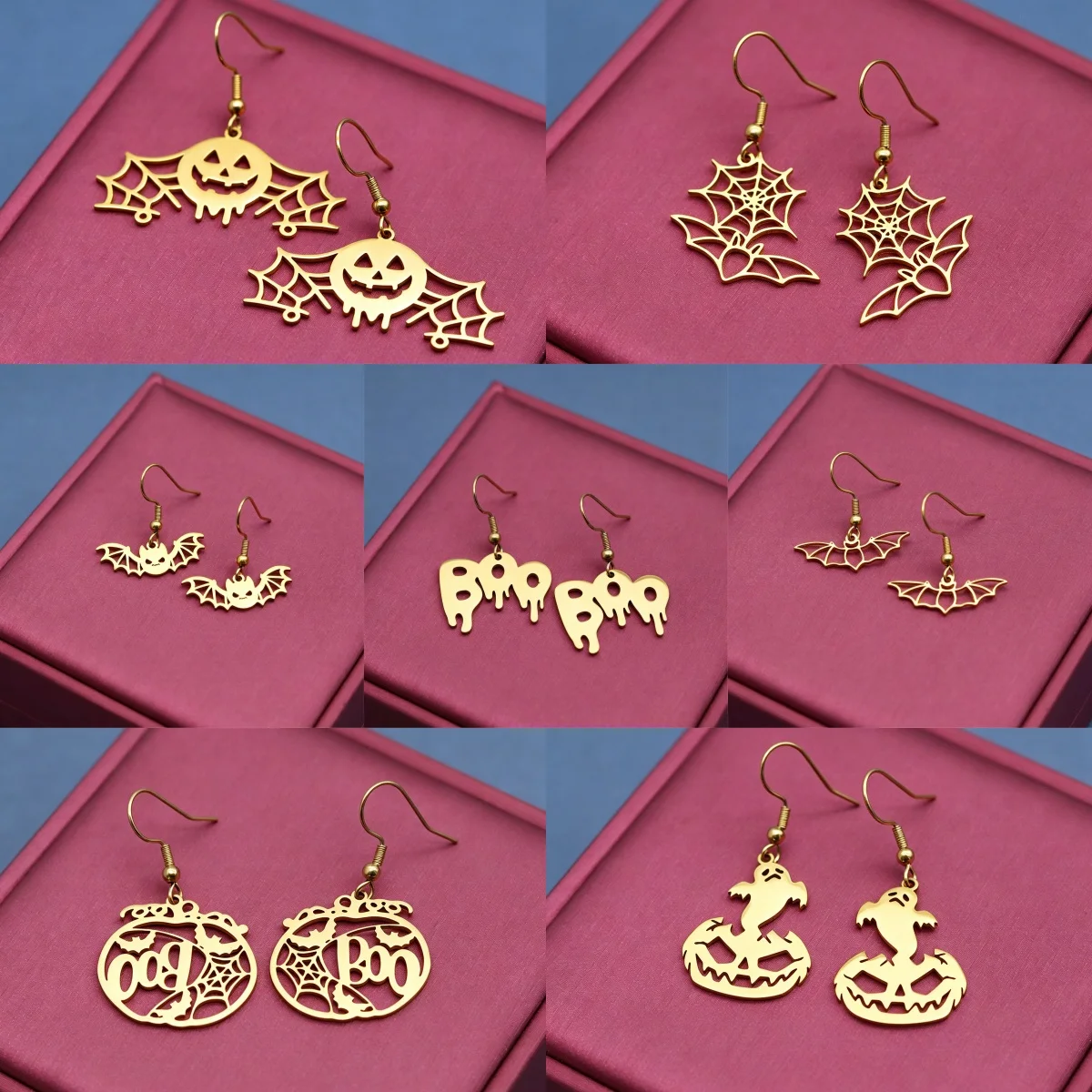 QIAMNI Stainless Steel Ghost Pumpkin Spider Web Dangle Earring Funny Halloween Drop Earrings Piercing Jewelry Gift for Women Men