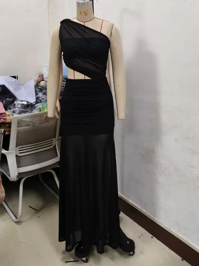 KEXU Frauen Ärmellose Eine Schulter Mesh Geraffte Cut Out Lange Maxi Kleid 2025, Streetwear Abend Geburtstag Party Kleider Vestidos