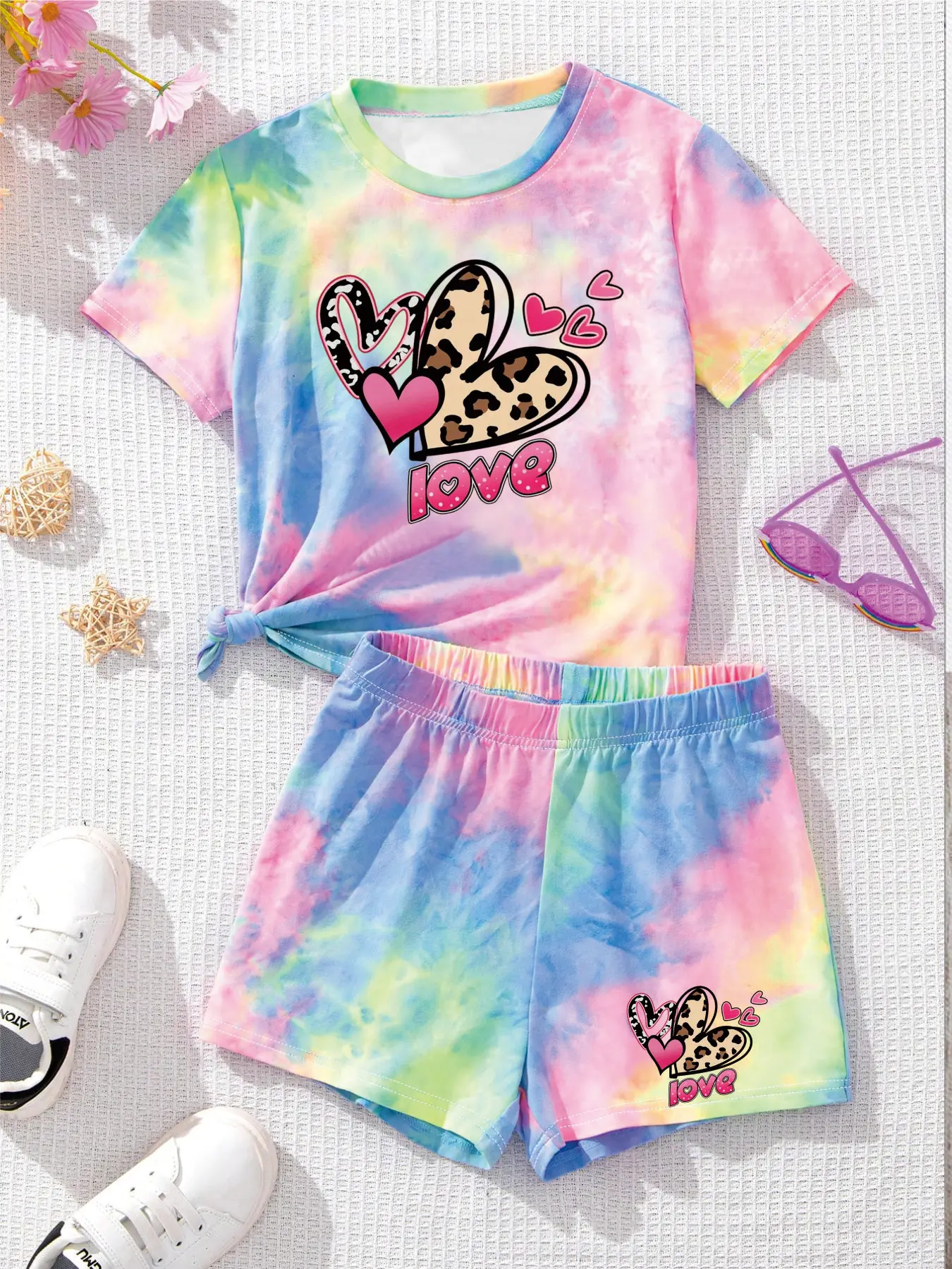 Comfy Kids Girls 2-Piece Tie Dye Outfit, Soft Fabric Leopard Heart Print T-Shirt & Shorts for Daily & Play