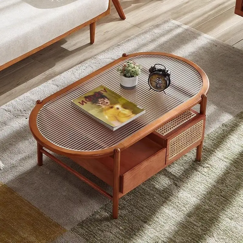 Light luxury solid wood rattan coffee table combination Changhong glass double layer with drawers round home living room