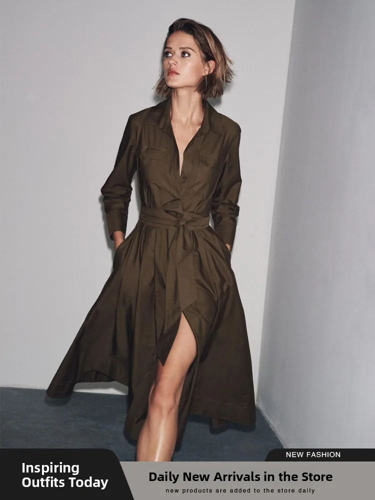 Faionable irt-Sle التفاف الخصر الحرير الدكتور جديد وصول الخريف المرأة عادية طويلة Sve بدوره إلى أسفل طوق H-Line Dr