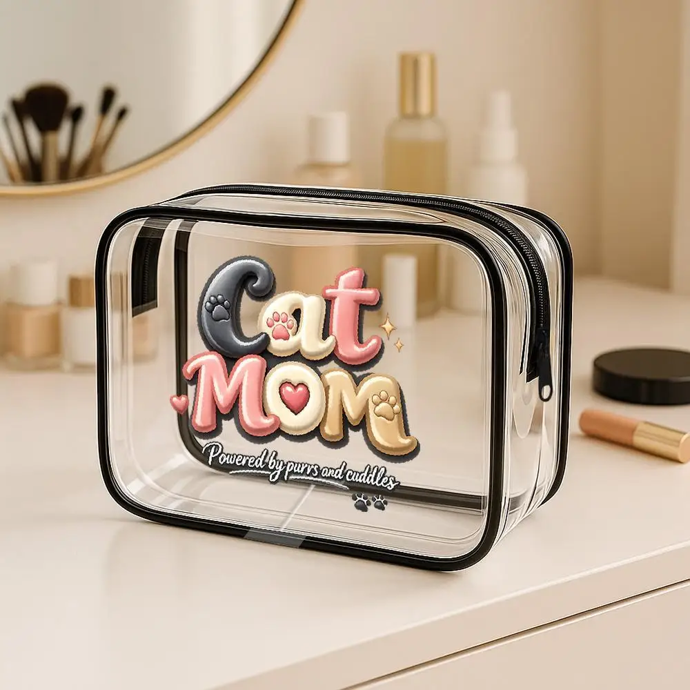 Toilet Bag Cat Mom Lettering And Paw Prints Clear PVC Cosmetic Bag Kawaii 3D Stylized Design With Black Trim Zipper Portable Tra