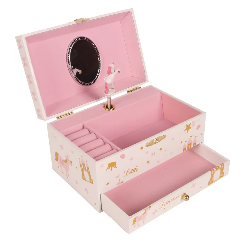 7 بوصة القلعة البيضاء الحصان الأبيض صندوق تشغيل الموسيقى مرآة ماكياج صندوق تخزين المجوهرات عيد الأطفال هدية عيد الميلاد فتاة هدية عيد ميلاد