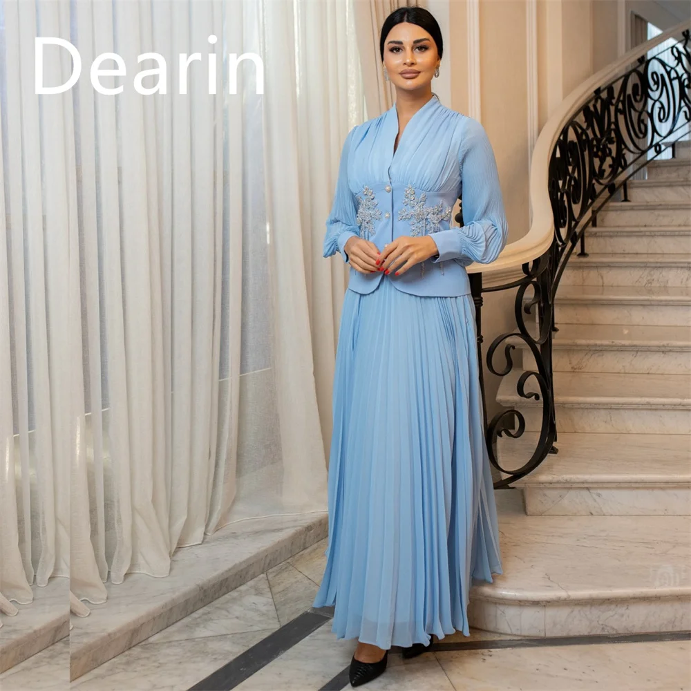 

Customized Evening Gown Dearin V-neck A-line Floor Length Skirts Draped Bespoke Occasion Dresses Formal Prom Dress Saudi Arabia