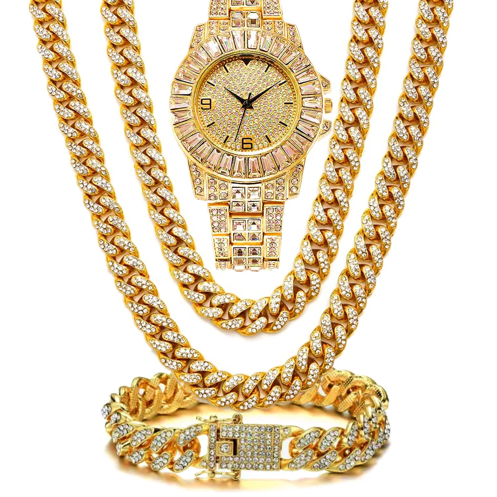 

Iced Out Watch for Men Women Hip Hop Rapper Miami Cuban Chain Gold Iced Out Necklace Paved Rhinestone Bling Jewelry 3pcs/Set