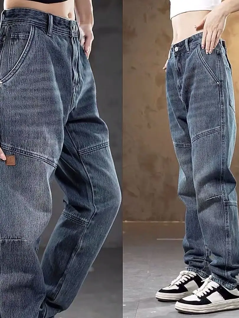2026 New Men's Workwear Heavy Duty Washed Patchwork Loose Straight Leg Wear Resistant Casual Cotton Denim Jeans
