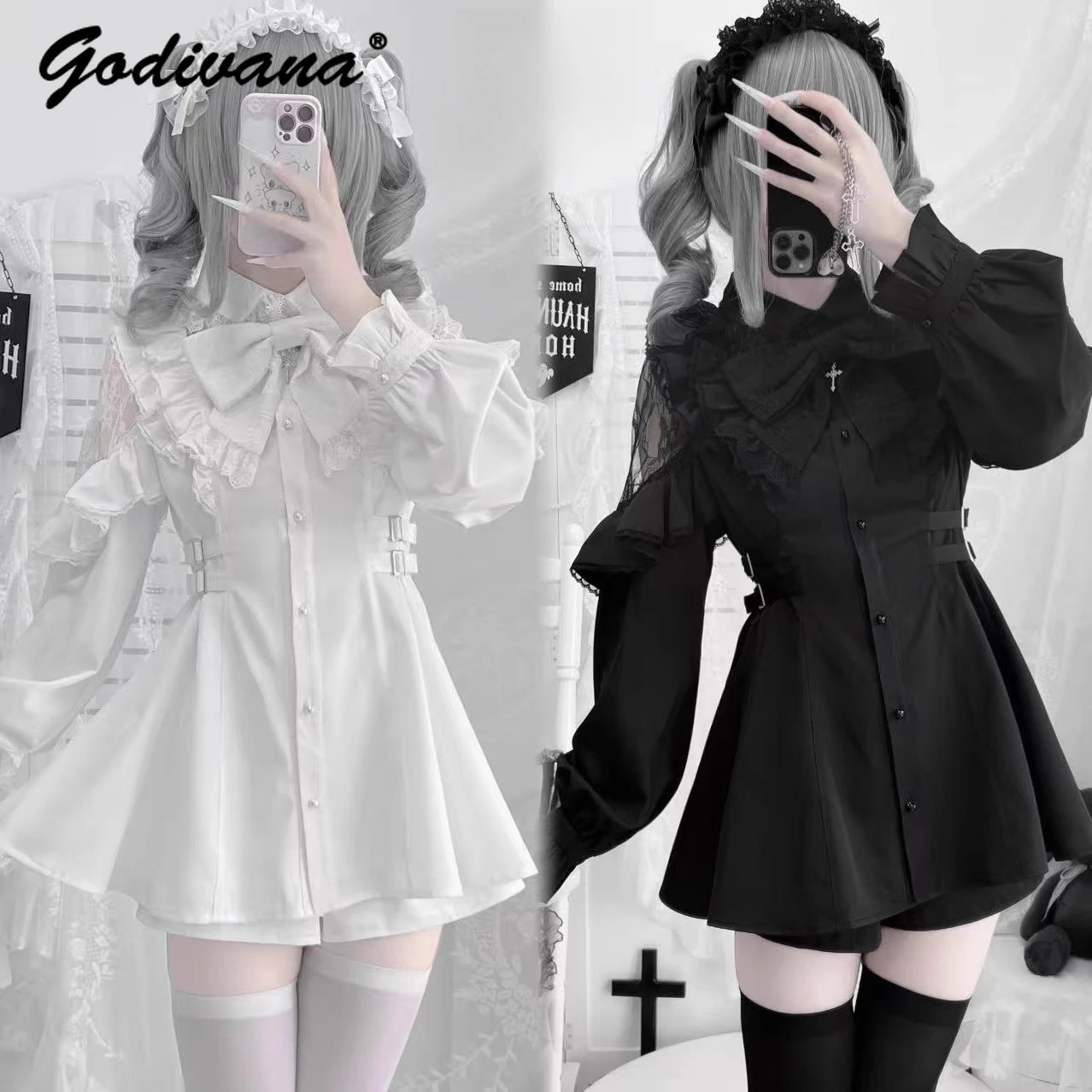 Abito e pantaloncini camicia con fiocco carino a maniche lunghe in pizzo incrociato originale Nuovi abiti Lolita per ragazze femminili primaverili e autunnali giapponesi