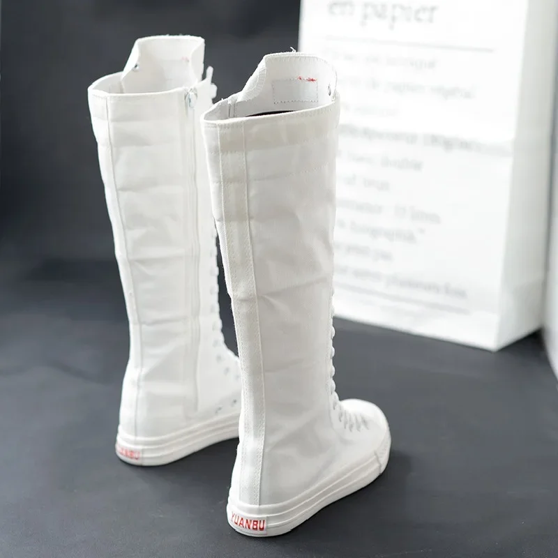 Women Canvas Lace Up Knee High Boots Cross Tied Zip Plus Size Ladies Flat Shoes Female Fashion Casual Sneaker Spring White Oman