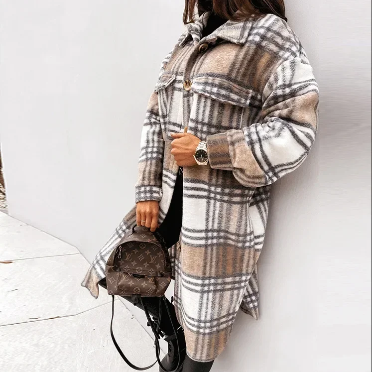 Single Breasted Trench Coat Fashion Long Autumn Winter Women\'s Clothing Long Sleeve Woolen Plaid Overcoat Coat