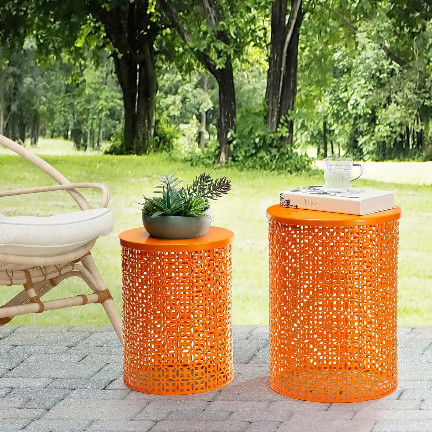 

Outdoor Side Table Set of 2, Decorative Garden Stool for Indoor Outdoor Heavy Duty Metal Frame Accent Table Modern End Table