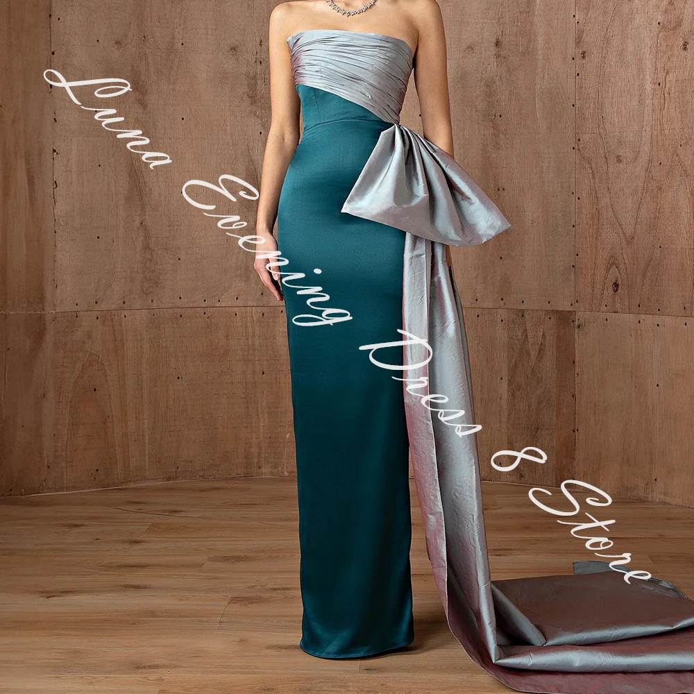 Customized Modern Satin Straight Evening Dress Strapless Zipper Back Sleeveless Floor Length Panel Train Vestidos de fiesta