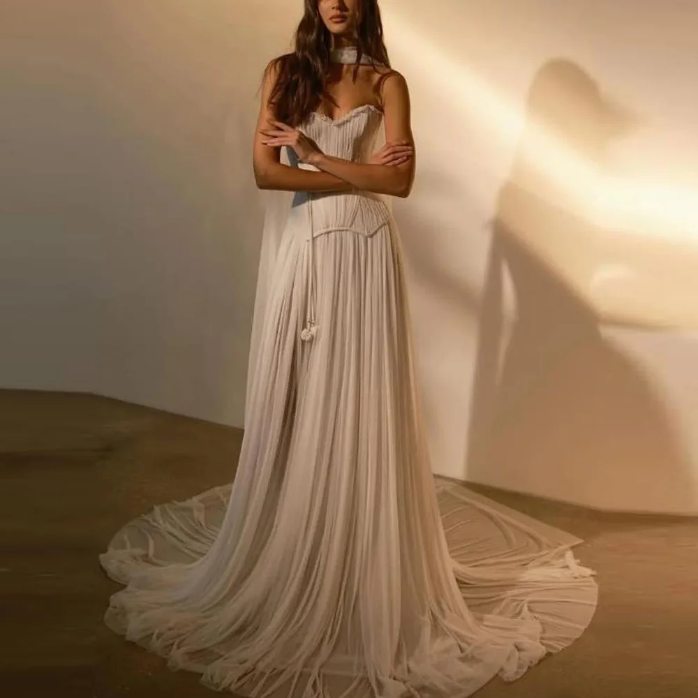 Customized Strapless Sleeveless Evening Dresses with Scarf Pleated Illusion A Line Formal Dress Corset A Line Vestidos De Novia
