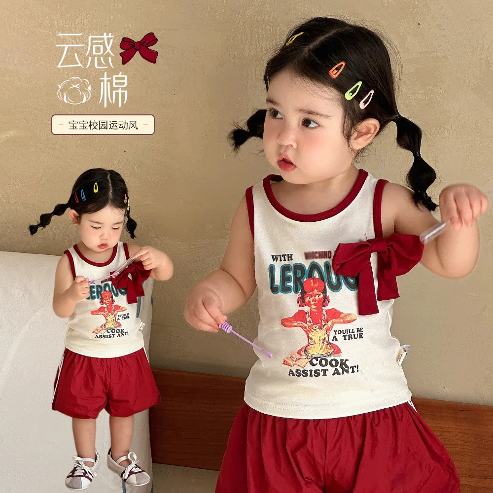 

2026 New Baby Girl Summer Bow Vest Tops Fashion Sleeveless Cotton Soft Breathable Casual Tank Tops Toddler Kids Daily Sweet Wear