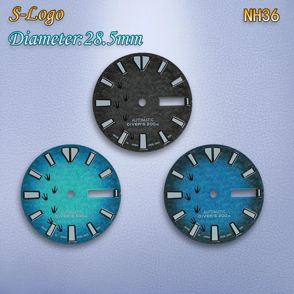 28.5 مللي متر S شعار NH36 الطلب السماء الزرقاء البصمة ولوح ركوب الأمواج للكلاب Skx007 الطلب مناسبة لحركة NH36 الأخضر المضيء