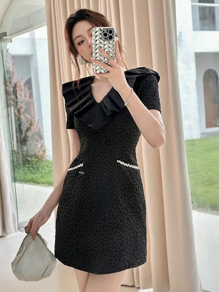 Frauen Kleidung Retro Jacquard Schwarz Rüschen V-ausschnitt Schlank A-Line Kurzes Kleid Elegante Dame Party Prom Vestido Casual Süße Sommer Neue