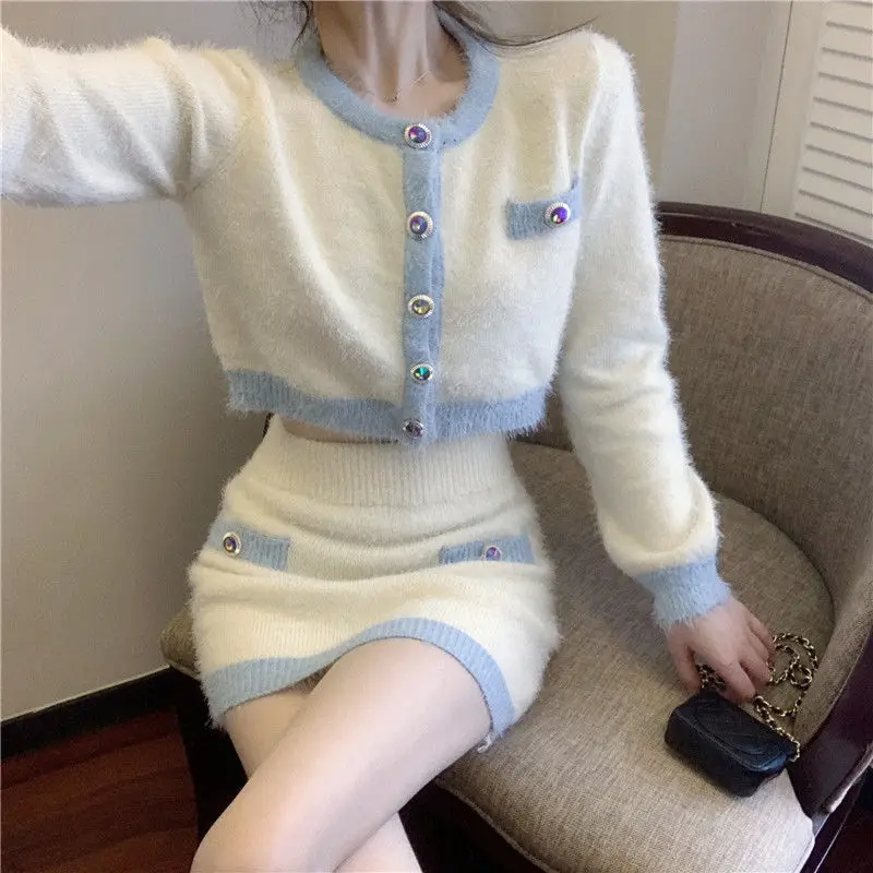 

Hikigawa Chic Fashion Long Sleeve Sexy Knitted Women Cardigan + Slim All Match Contrast Color Skirts New 2 Set Ropa Mujer