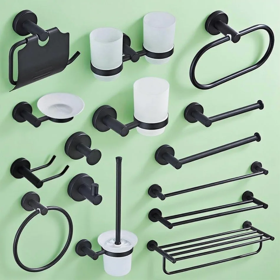 

Matt Black Bath Accessory Brass Towel Bar Rack with Hanger Toilet Paper Roll Holder Robe Hook Hairdryer Shelf Bathroom Hardware