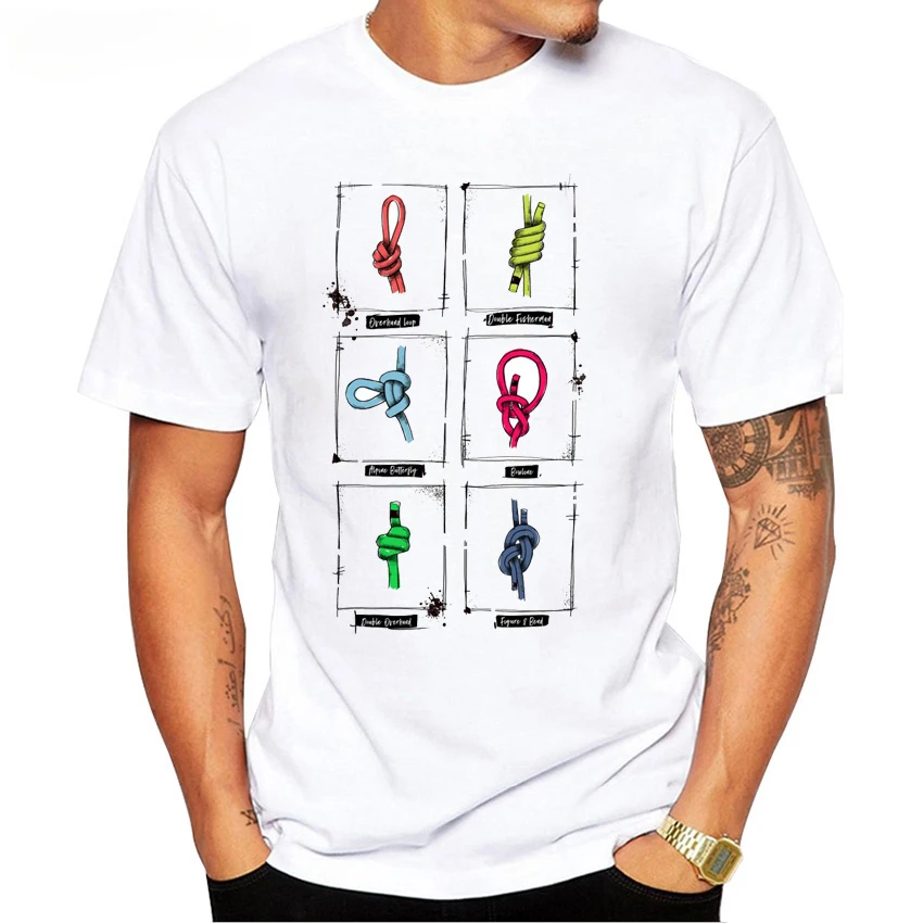 Camiseta clásica divertida para hombre, camisa deportiva de manga corta con nudos de escalada en roca, escalador de montaña y roca, estilo Hip Hop, color blanco