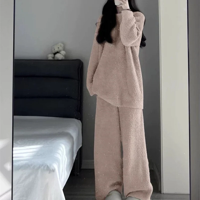 

Ladies Autumn Winter Sweet-style Solid Color Loungewear Loose Coral Fleece Homewear Sets for Women Casual Warm Loungewear Set