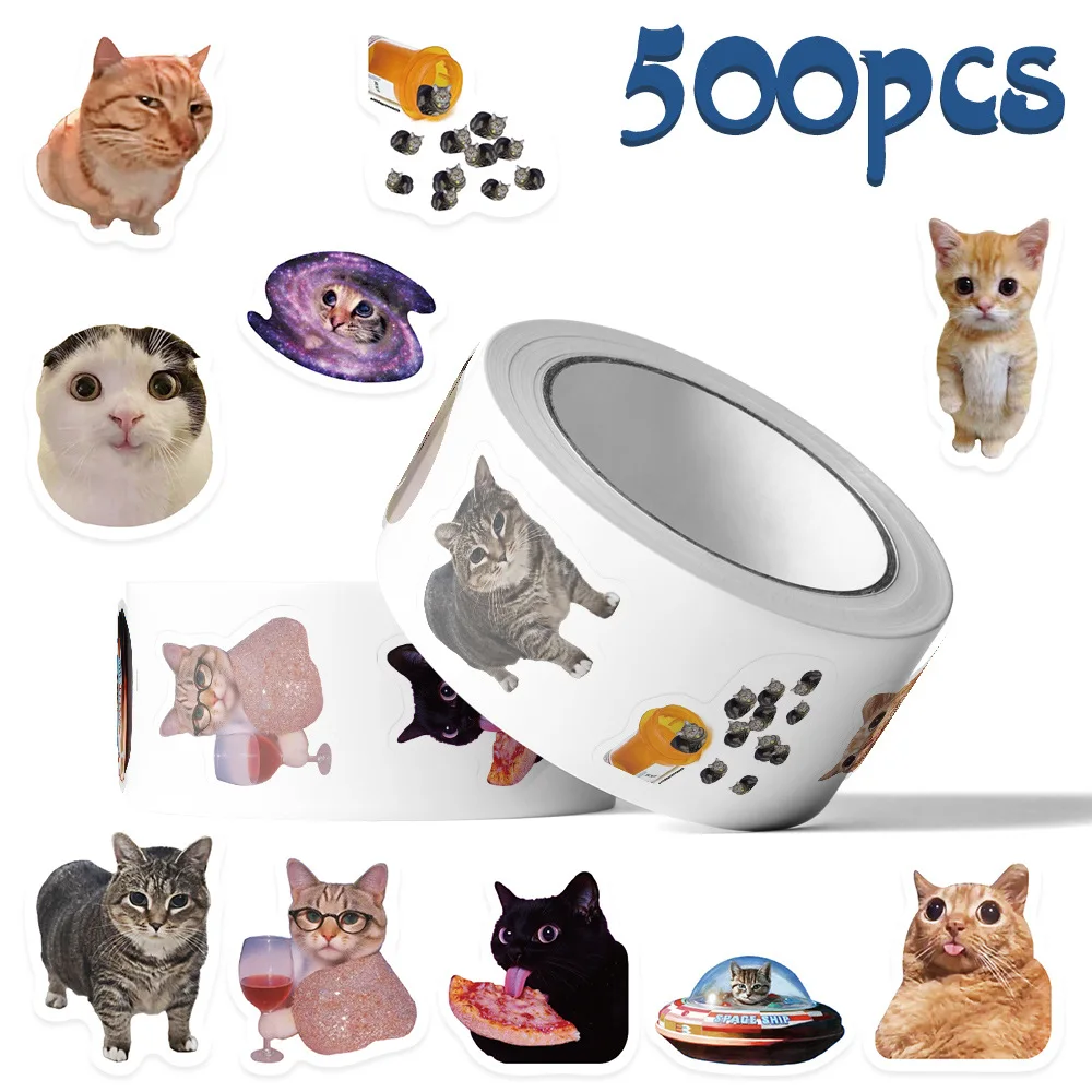 

500Pcs/Roll Cartoon Cat Meme Sealing Stickers Cute Cat Graffiti Decal DIY Luggage Phone Guitar Skateboard Waterproof Stickers