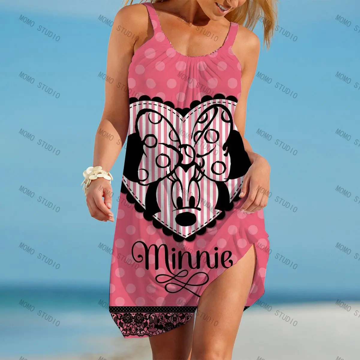 

Minnie Mouse Beach Dress Disney Sleeveless Y2k Fashion Elegant Dresses for Women Cartoon 2022 Mickey Summer Woman Sling Boho