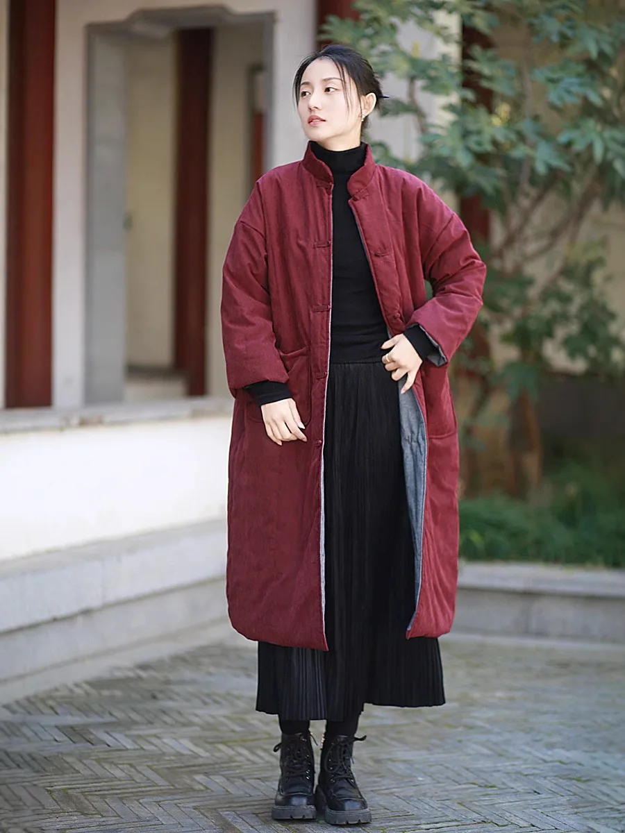 Vintage Harajuku 100% Cotton Coat Women Warm Autumn Winter Clothes Long Parkas Single-breasted Pockets Stand-up Collar Jackets