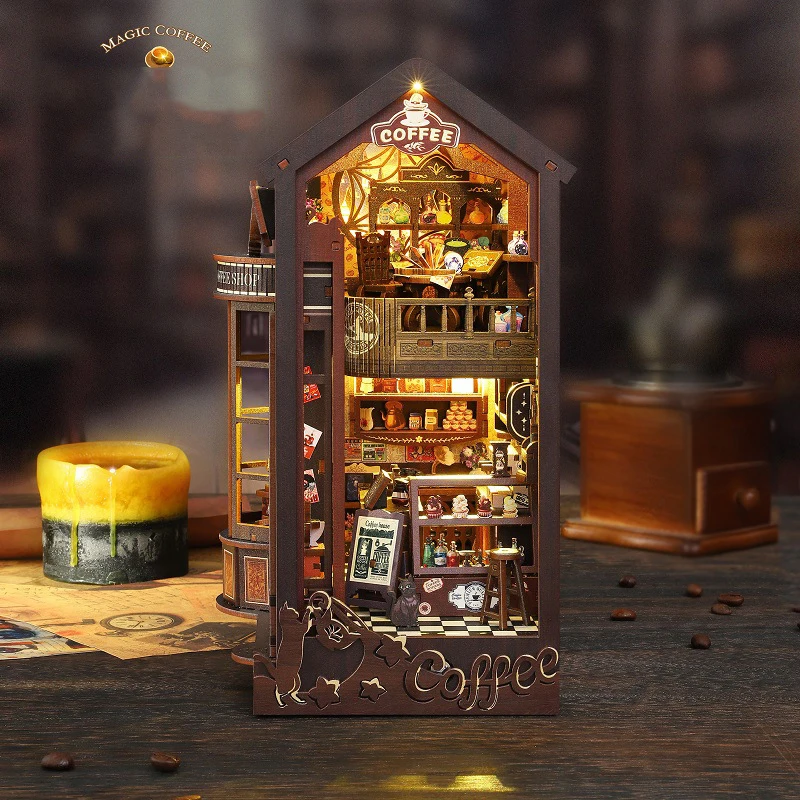

DIY книжный уголок, волшебный кофейный деревянный кукольный домик, миниатюрный с комплектом мебели, сборные игрушки для детей, взрослых, подарок на день рождения Casa
