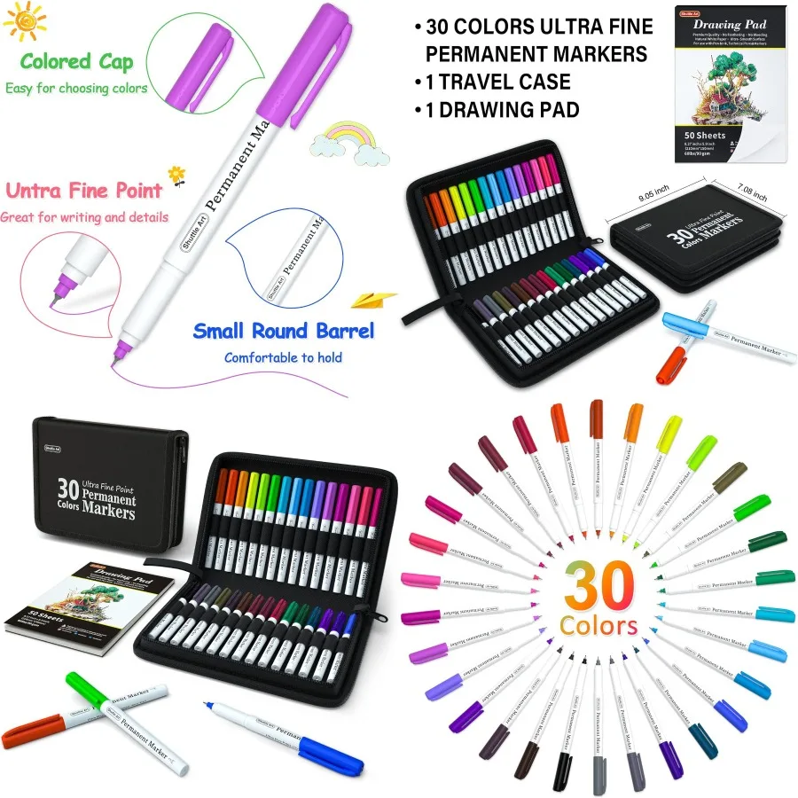 シャトルアート永久マーカー-30色アソート-ウルトラファインポイント永久マーカー-トラベルケース入り-理想的なカラーマーカー