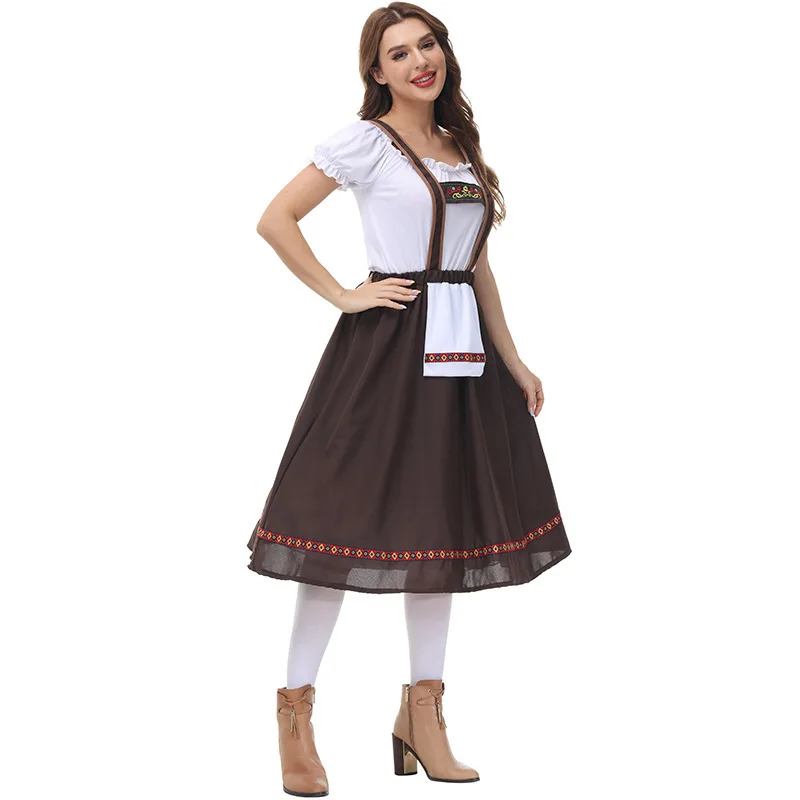 

German Munich Oktoberfest Costume Khaki Polyester Suspender Skirt Two-Piece Set Stage Performance Outfit S-L Sizes