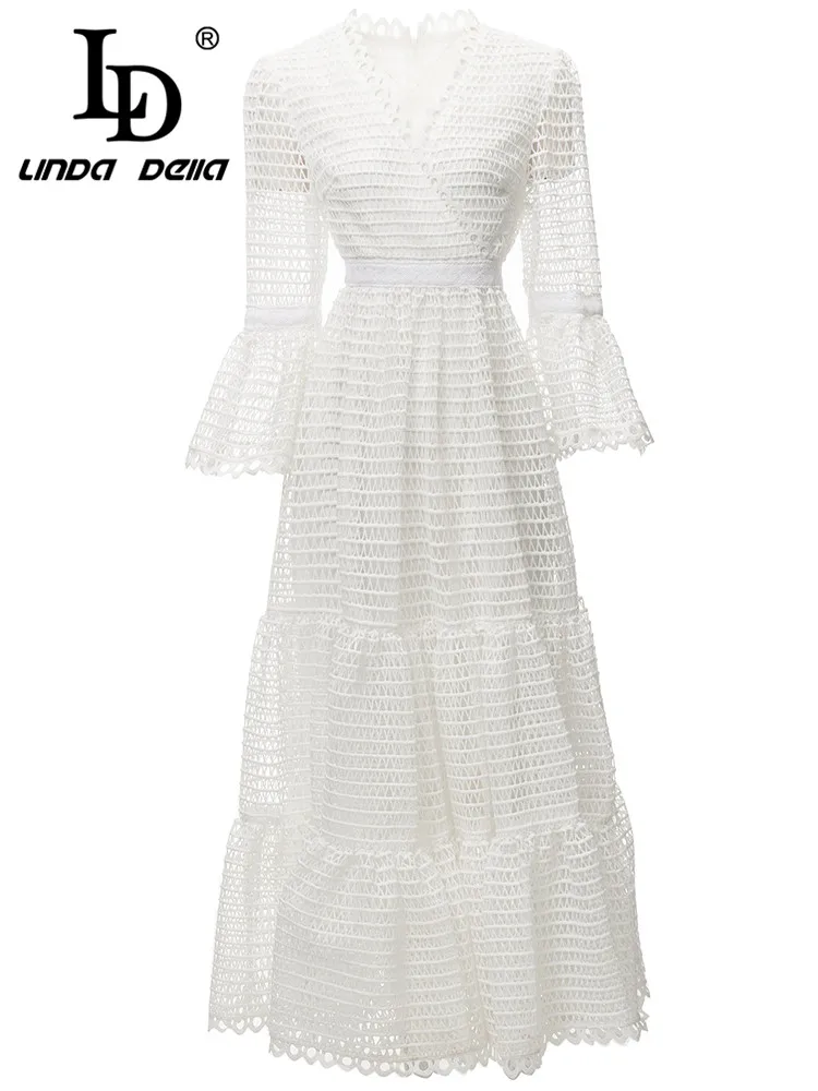 

LD LINDA DELLA Summer New Style Runway Designer Dress Women's White Flare Sleeve Embossed hollow Splice Slim Fit Travel Dress