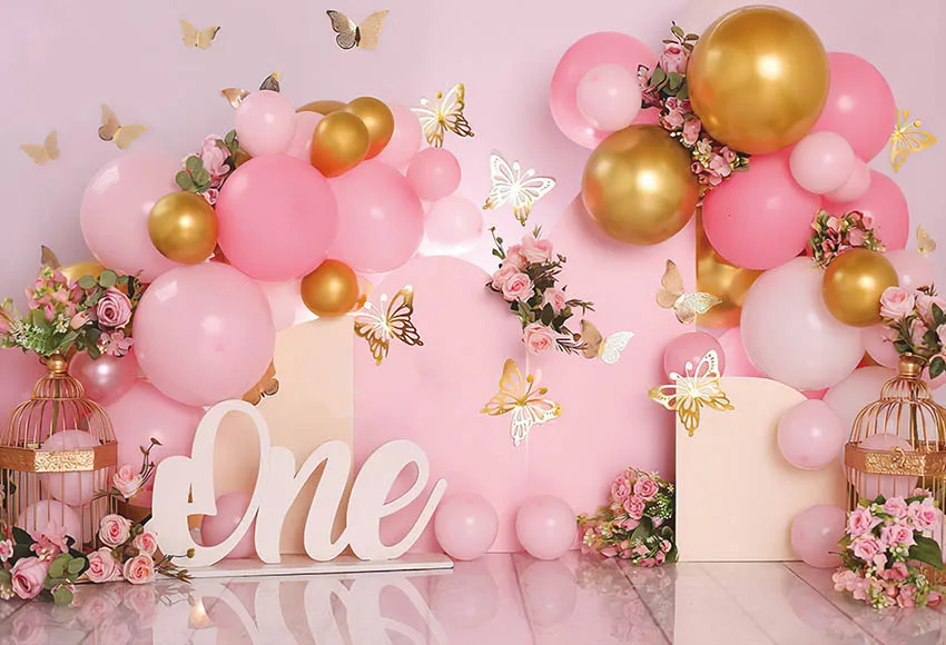 Mehofond Photography Background Pink Balloons Garden Floral Butterfly Girls Birthday Party Portrait Decor Backdrop Photo Studio