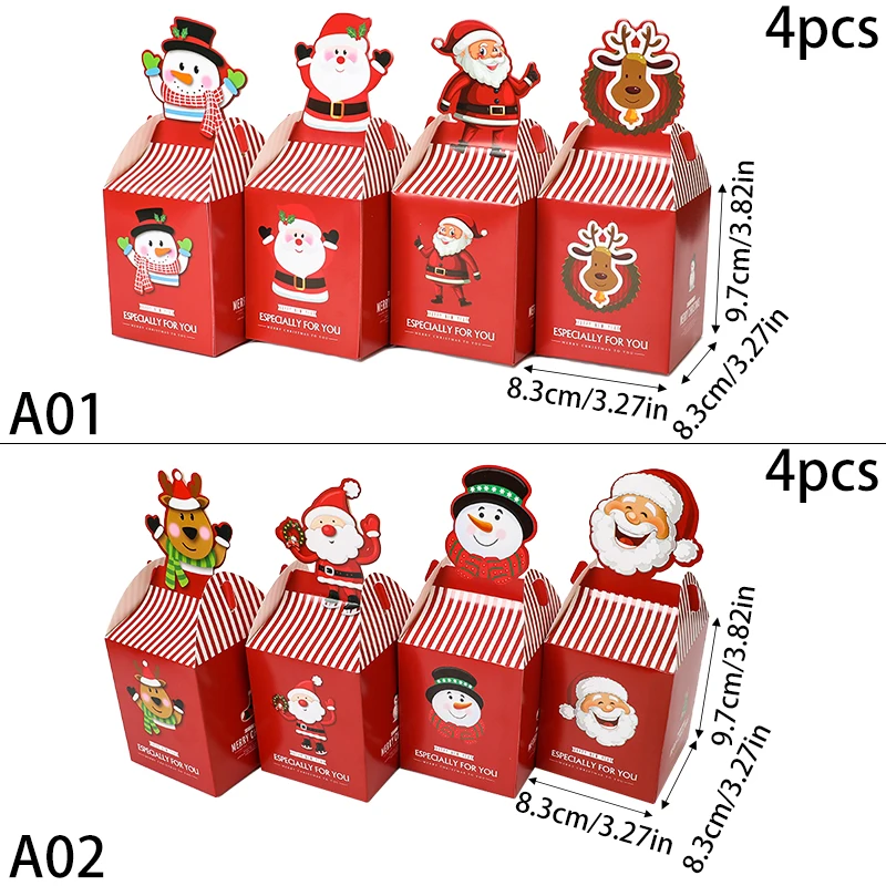 4Pcs Merry Christmas Candy Box Santa Claus Snowman Elk Paper Apple Box Gift Packaging Bag Container New Year Eve Party Supplies